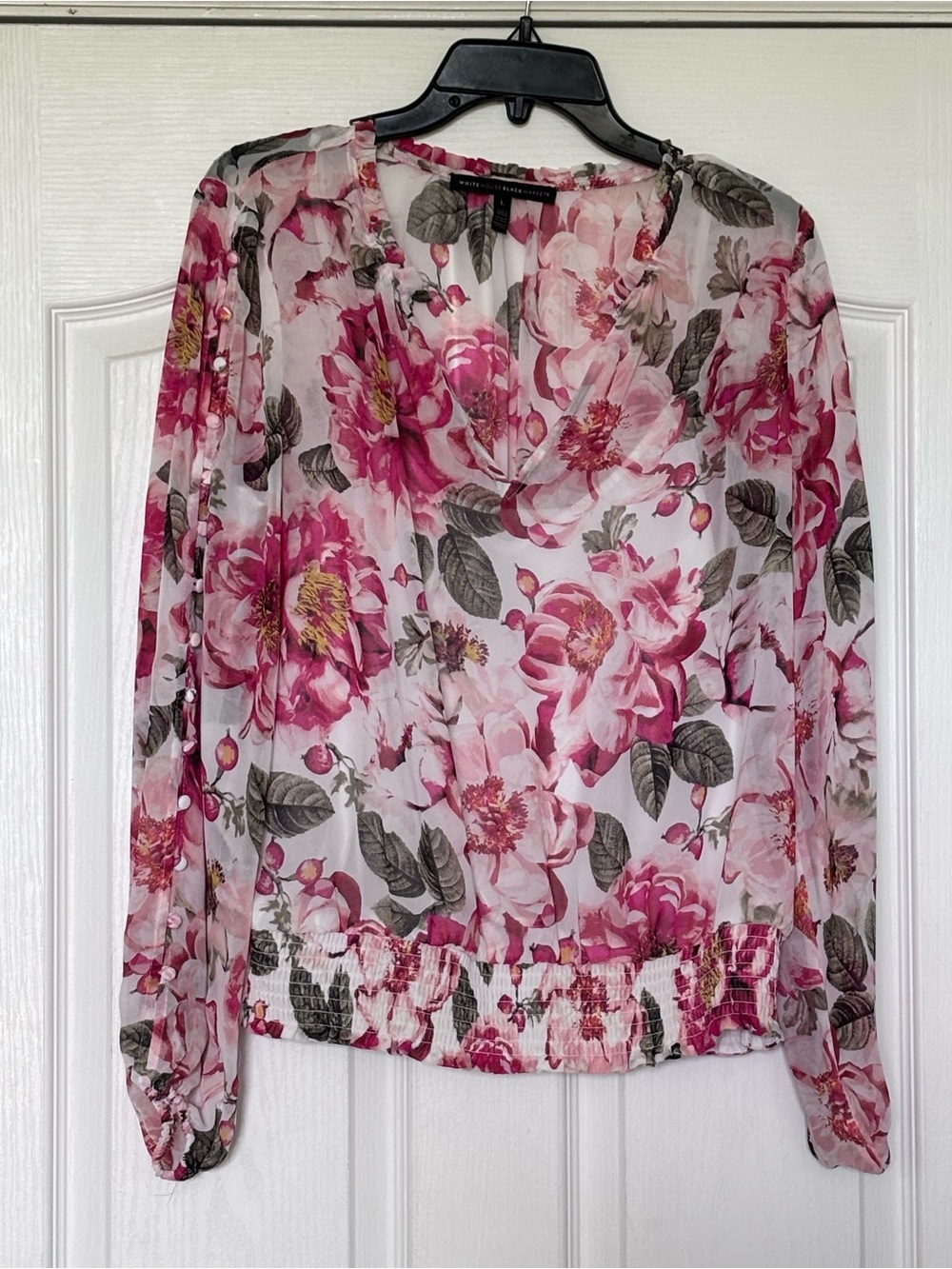 White House Black Market Pink Floral Sheer Blouse with Leaf Accents